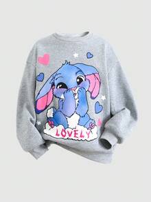 SHEIN 青少年女孩宽松休闲罗纹印花长袖连帽衫和运动裤套装 - 灰色 - 查看 11