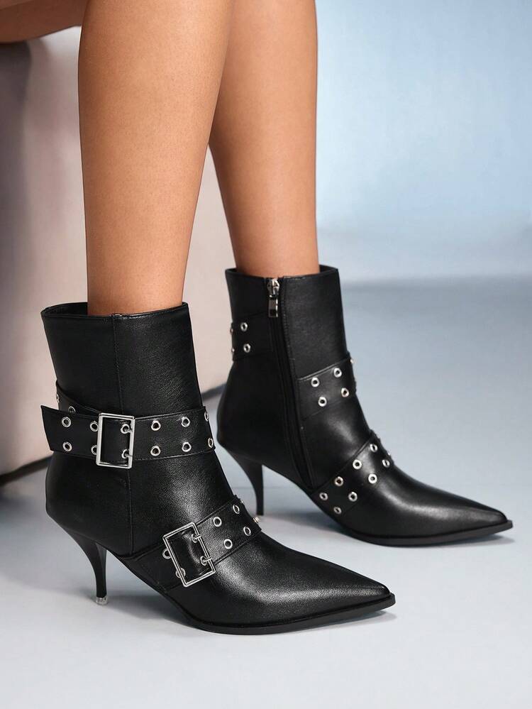 CUCCOO GRLICON Black Willow Strap Decor Women's Pointed Toe Stiletto Heel Boots, Punk Style, Versatile & Leg-Lengthening
