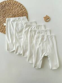 SHEIN 5pcs/Pack Newborn Baby Boy/Girl Casual Cute Versatile Solid Color Elastic Knit Leggings Fall - White - View 2
