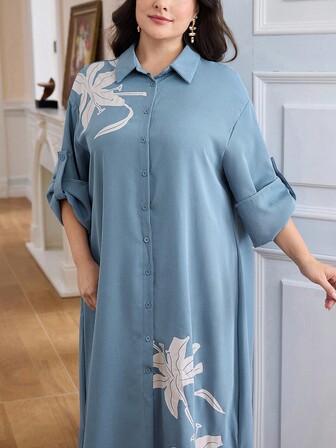 Mulvari Plus Size Women Floral Print Ruffle Sleeve Loose Single Breasted Casual Shirt Dress, Spring/Summer