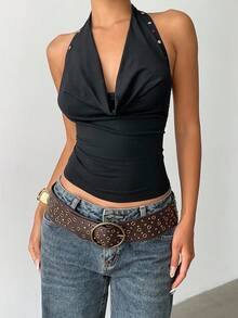 Aloruh 黑色露背挂脖针织上衣，可变换 - 黑色 - 查看 4