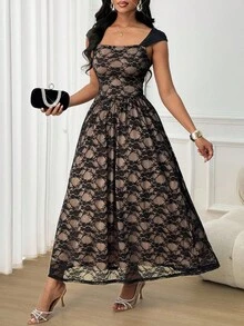 SHEIN Lady 女士优雅派对、休闲约会、浪漫蕾丝针织修身A字廓形长款连衣裙，适合女士婚礼宾客、派对、返校节、音乐会等场合，款式优雅得体。 - 黑色 - 查看 5