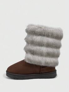 Daringsoles Giày bốt đế bằng mềm mại ấm áp thời trang dễ thương, thoải mái, đa năng và phong cách, lót dày, cao đến giữa bắp chân, cá tính, chống thấm nước, phù hợp cho hoạt động ngoài trời - Xám - Xem 5