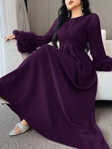 Modelyn Women's Solid Color Round Neck 3D Floral Cuff Elegant Arabic Dress