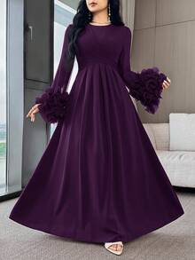 Modelyn Women's Solid Color Round Neck 3D Floral Cuff Elegant Arabic Dress