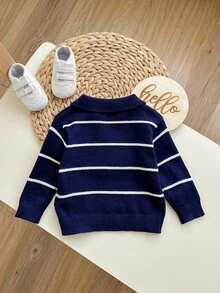 SHEIN Baby Boy/Girl Casual Versatile Colorful Striped Collared Half-Zip Pullover Sweater,In Fall/Winter - Multicolor - View 2