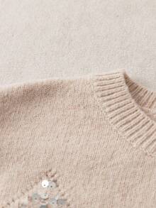 SHEIN Franclia Frauen Lässig Pailletten Patchwork Langarm Pullover Pullover, Herbst, Drop-Shoulder - Aprikosenfarben - Übersicht 4