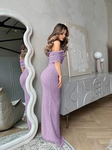 Jemour Women's Off Shoulder Bodycon Dress, Textured Fabric, Romantic Date/Vacation, Spring/Summer Dresses For Wedding Event - Mauve Purple - View 3
