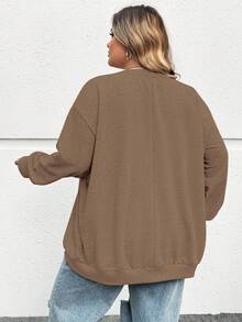 SHEIN CURVE+ 秋冬大码休闲宽松纽约图案圆领长袖女式运动衫 - 棕色 - 查看 2