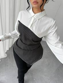 Elenzga Plus Size Women Solid Color Patchwork Long Sleeve Casual Shirt, Pleated Asymmetric Hem Autumn Blouse, Elegant/Office/Date Wear, Two Pieces Striped Shirt. Long Sleeve Shirt For Autumn Fall Cloth For Women