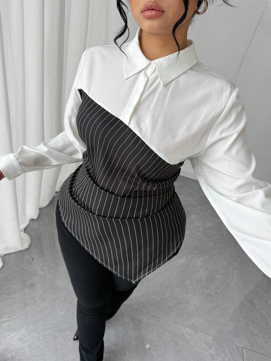 Elenzga Plus Size Women Solid Color Patchwork Long Sleeve Casual Shirt, Pleated Asymmetric Hem Autumn Blouse, Elegant/Office/Date Wear, Two Pieces Striped Shirt. Long Sleeve Shirt For Autumn Fall Cloth For Women