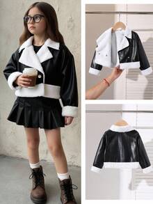 Elladie kids 年轻女孩黑色 PU 人造毛皮夹克，采用亮面 PU 皮革材质，蓬松的白色毛皮领口和袖口，双排扣开合，短款廓形，温暖时尚，适合秋冬休闲外出 - 黑色 - 查看 5