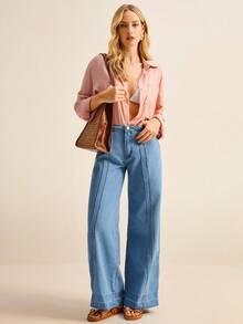 Daynim Calça Denim Cintura Alta Perna Larga - Lavagem clara - Visão 7