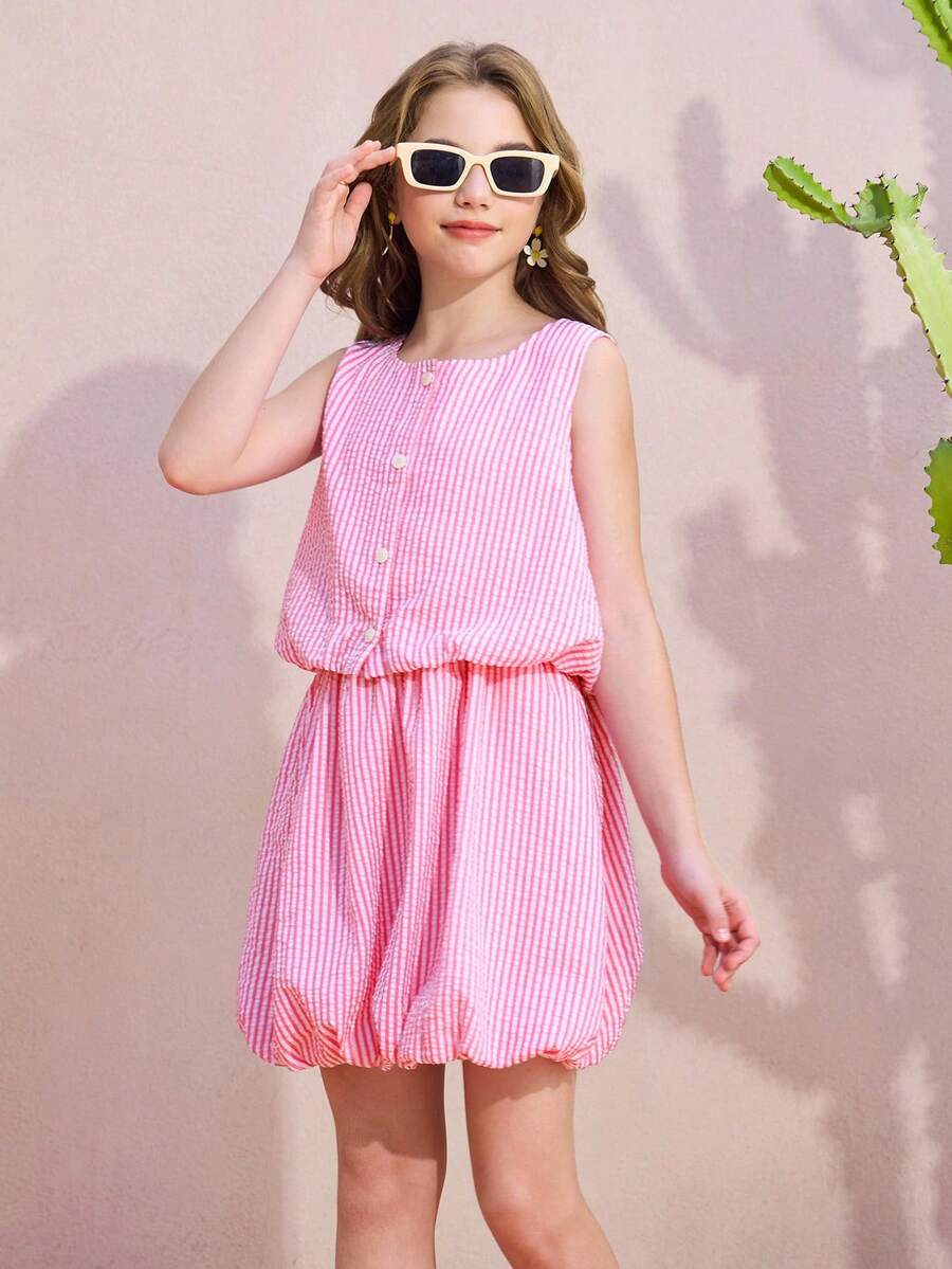 2pcs/Set Baju Anak Perempuan: Atasan Tank Tanpa Lengan Bergaris dan Rok Berumbai, Pakaian Kasual untuk Liburan Musim Panas - Berwarna merah muda - View 1