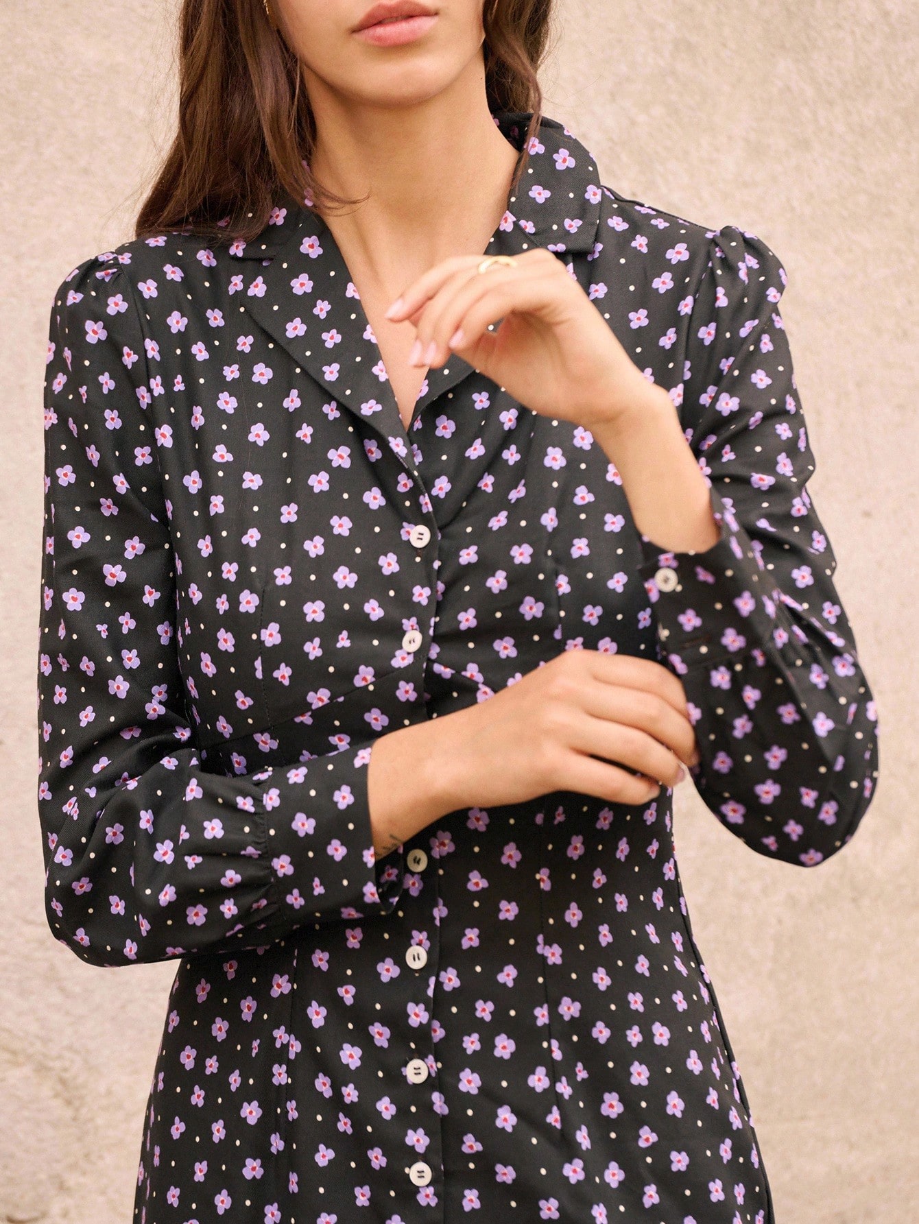 Vestido Camisa Midi com Estampa Floral Miúda Roxa, Roupas Femininas de Outono e Inverno