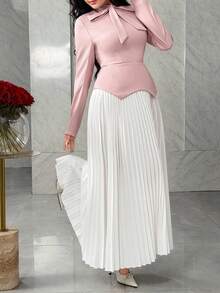 Feyla Women's Tie Collar Long Sleeve Contrast Color Pleated Hem Elegant Dress