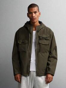 SUMWON Military Style Utility Jacket Winter Fall Outerwear Casual Cargo Pockets Zipper Front Hood Streetwear Men Lightweight Outdoor Everyday Wear