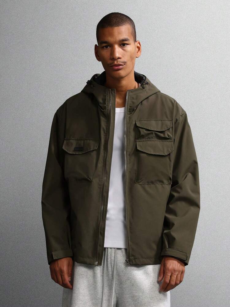 Hooded Utility Jacket With Cargo Pockets And Zipper Closure