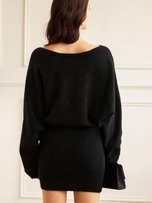 GENKIRA Rhinestone Embellished Asymmetrical Shoulder Black Bodycon Sweater Dress, Sexy 2 In 1 Outfit Fall Winter For Women - Black - View 6
