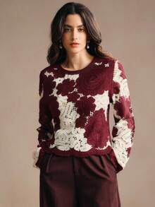 Anewsta Áo len dài tay cổ tròn họa tiết hoa thường ngày cho nữ, mùa thu - Màu Đỏ Sâu - Xem 4