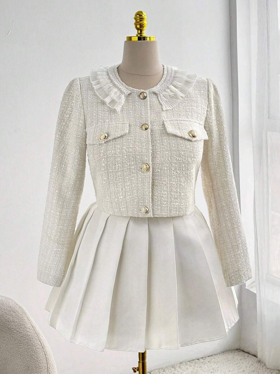Flirla Plus Size Ruffled Tweed Short Jacket Winter Fall Autumn - White - View 1
