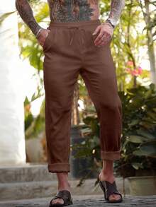 Manfinity Homme Men's Solid Color Waist Tie Pocket Straight Leg Casual Pants, For Fall - Camel - View 6