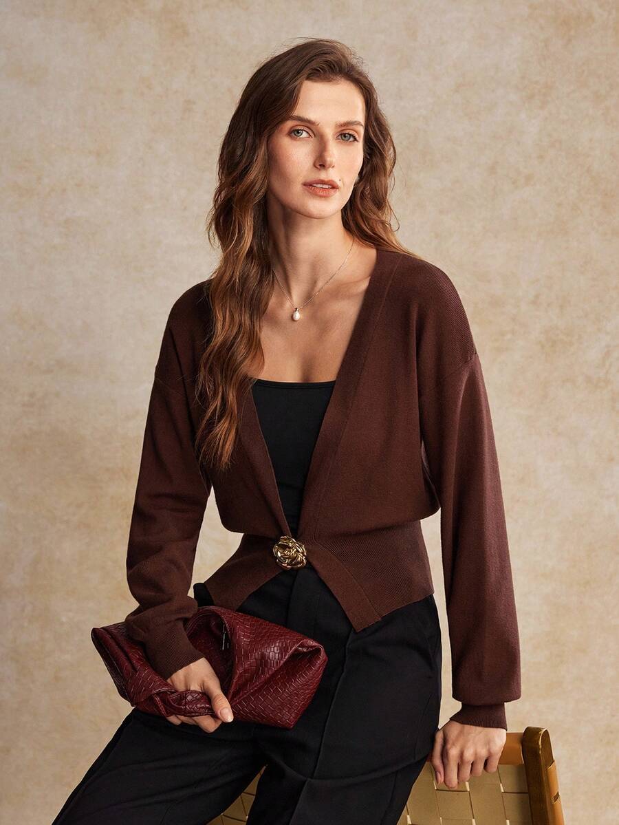 House of One Long Sleeves Deep V Cardigan Sweater With Rose Metal Decoration Women Autumn Winter Elegant