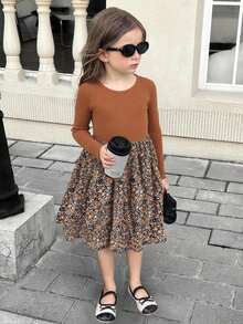 SHEIN 年轻女孩针织圆领修身拼布碎花梭织连衣裙