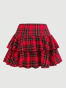 SHEIN 青少年女孩红色格子层叠荷叶边下摆半身裙，内置短裤，休闲、运动、学院风、返校风、春夏季 - 紅色 - 查看 2
