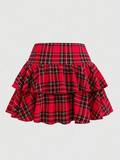 SHEIN 青少年女孩红色格子层叠荷叶边下摆半身裙，内置短裤，休闲、运动、学院风、返校风、春夏季