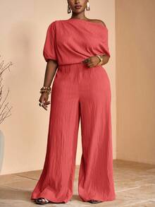 Veslaya Bộ jumpsuit dáng ôm, lệch vai, xếp ly, bất đối xứng, ống rộng, màu kaki trơn, thích hợp cho mùa Xuân/Hè, chất liệu vải dệt họa tiết, cỡ lớn, thích hợp cho tiệc tùng, hẹn hò, dạ hội. - Đỏ - Xem 2