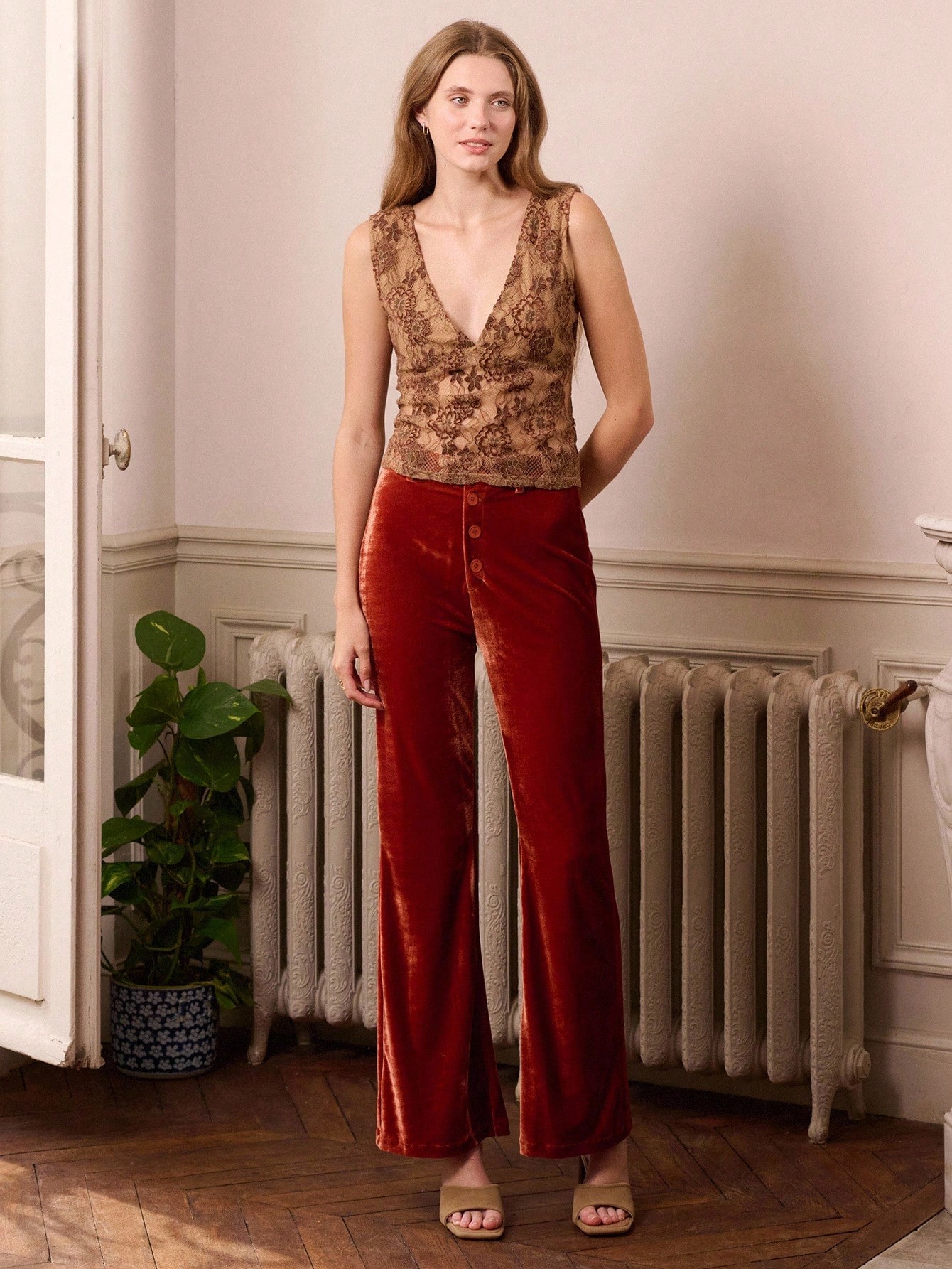 Top Ajustada Sexy com Decote em V, Renda Marrom, Sem Mangas, Roupas Femininas de Outono e Inverno