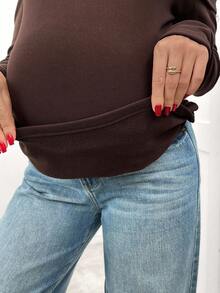 SHEIN Autumn And Winter Maternity Solid Color Ruched Off Shoulder Long Sleeve Fitted T-Shirt With Thermal Lined, Autumn Maternity Top Coffee Brown Top Brown Top Women Brown Long Sleeve Top Dark Brown Top