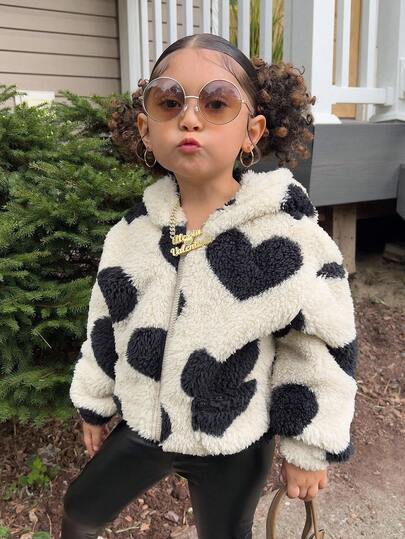 Oversized Casual Fluffy Heart Zip-Up Long Sleeve Loose Jacket,In Fall/Winter Kids Fuzzy Jacket Kid Girl Jacket