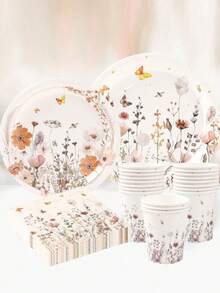 40 件/套野花主题派对装饰一次性餐具，水彩野花蝴蝶派对餐具套装，包括 8 个 7 英寸和 9 英寸一次性纸盘、8 个纸杯、16 个餐巾纸、纸餐具适合家庭节日派对春季餐具风格生日用品、派对礼物 - 野花主題 - 查看 1