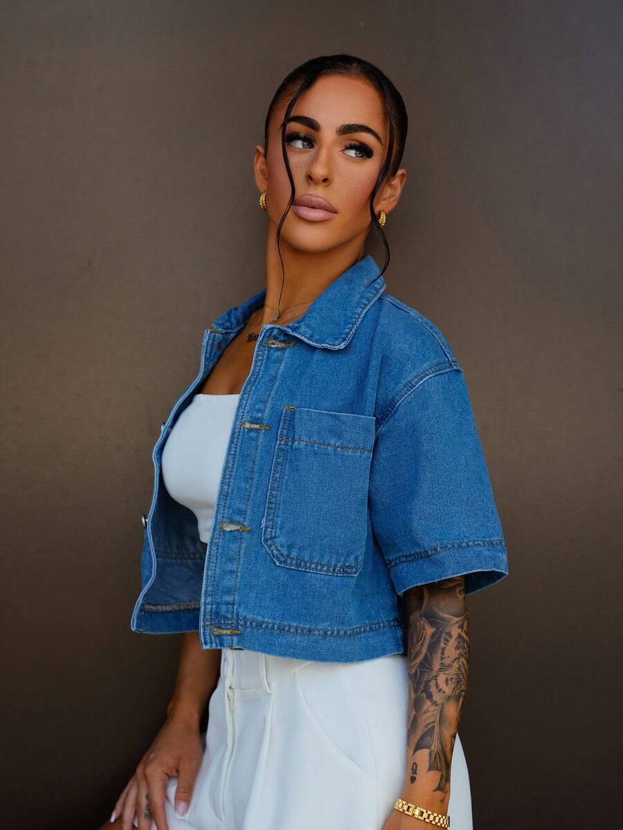 SAYEHFBABY 休闲度假短袖短款牛仔夹克 - 中等水洗藍 - 查看 1