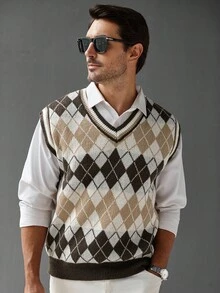 OTTIMOZO Men's Argyle Pattern Color Block V-Neck Knit Sweater Vest For Men Crochet Set Sleeveless Sweater Men Knit Tops Jumper For Men, Fall Winter - Multicolor - View 6