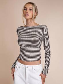 SHEIN BAE Women's Contrasting Striped Backless Long-Sleeved T-Shirt, Autumn Women's Clothing, Winter Women's Clothing, Apricot Striped Women's Tops, Going Out Tops, Striped Off-The-Shoulder Tops, Women's Casual Tops, Long-Sleeved T-Shirts,Winter Clothes,Sexy Top, Thanksgiving Shirt - Coffee Brown - View 2