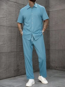 Manfinity CasualCool 男士纯色前扣短袖衬衫和裤子休闲西装 - 藍色 - 查看 4