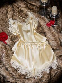 SilkySpell Lace Trim V-Neck Backless Faux Silk Women Camisole & Shorts Pajama Set Lace Pajama Set Babydoll Pajama Set Satin Sleepwear Set Satin Pj Set Lingerie Sleep Set