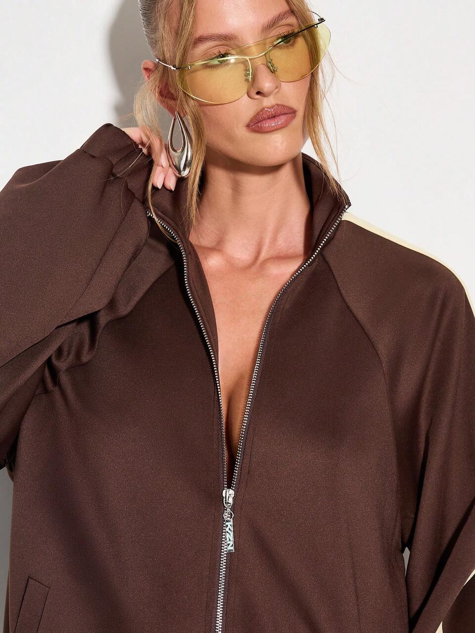 Jaqueta de Moletom Feminina com Zíper Completo, Loungewear com Detalhe de Listras Laterais, Gola Alta, Estilo Retrô Bomber, Casaco Casual de Inverno e Outono, Moda Streetwear