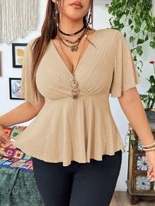 Flirla Plus Size Summer Casual Solid Color V-Neck Ruffle Sleeve Short Hem T-Shirt - Apricot - View 3