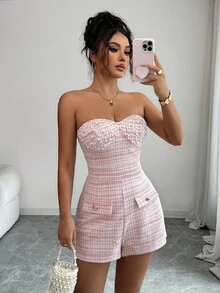 Elenzga 无袖格子珍珠装饰优雅浪漫修身女式连体短裤 - 彩色 - 查看 3