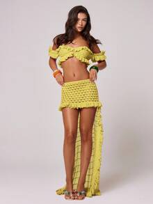 MUSERA Glitter Crochet Knit Off Shoulder Ruffle Trim Cropped Bralette Top Only Spring Summer Vacation Boho Ibiza Elegant Club Beach Cute Sexy Festival Cover Up Birthday Fall Autumn Winter Date Night