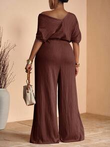 Veslaya 2025 春夏新款优雅派对、约会、晚会、毕业典礼纯卡其色修身单肩褶饰不对称连体裤，编织纹理面料，女式加大码长款连体裤 - 棕色 - 查看 2