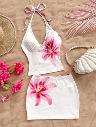 SHEIN x Eduarda Gutierrez Soleia Women's Floral Print Halter Neck Camisole And Mini Skirt 2 Pieces Set, Fashionable Holiday Outfit, Floral 2 Pieces Set For Women Women's Summer Set,White Set