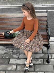 SHEIN 年轻女孩针织圆领修身拼布碎花梭织连衣裙