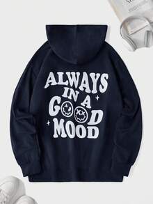 EURMUSE 100%Cotton Men Slogan & Cartoon Graphic Drawstring Hoodie - Navy Blue - View 1