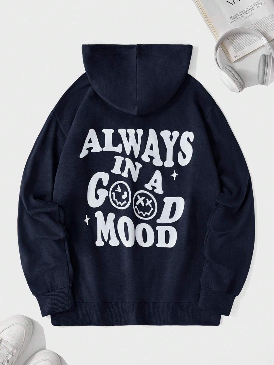 EURMUSE 100%Cotton Men Slogan & Cartoon Graphic Drawstring Hoodie - Navy Blue - View 1