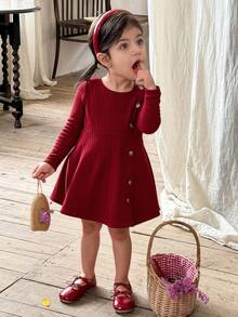 LMoss Kids LMoss 女婴纯色针织休闲连衣裙 酒红色女婴连衣裙 女婴长袖连衣裙 女婴秋季连衣裙 百褶连衣裙 酒红色连衣裙 冬季 - 紅色 - 查看 7